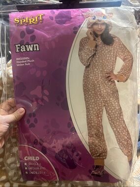 Spirit Fawn Hooded Plush Kids Pajama Union Suit - Brown, White 12-14